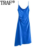 Yipinpay 2023 Satin Long Dress Women Summer Blue Slip Dress Woman Asymmetric Backless Sexy Party Dresses Elegant Evening Dresses