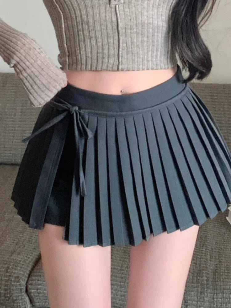 Yipinpay Mini Skirts Women Bandage Sweet High Waist Slim Sexy Culottes Preppy Style 2024 Spring New Elegant Pleated Skirt Female