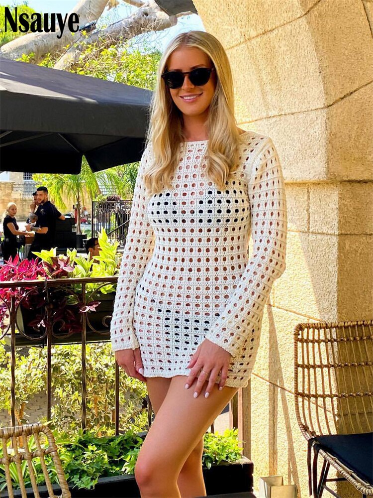 yipinpay 2023 Knitted Beach Cover Up Sexy Hollow Out Long Sleeve Bodycon Mini Dresses For Women Summer Casual Party Club Dress
