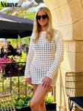 yipinpay 2023 Knitted Beach Cover Up Sexy Hollow Out Long Sleeve Bodycon Mini Dresses For Women Summer Casual Party Club Dress