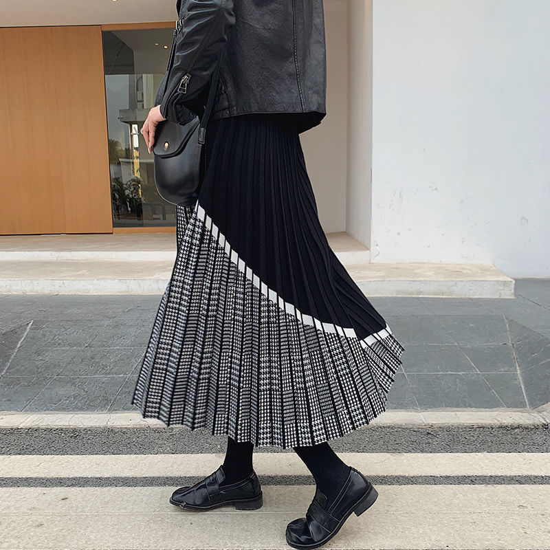 Yipinpay 2023 Autumn Winter Houndstooth Knitted Long Skirts Women Vintage Black High Waist Midi Pleated Skirt Elegant Casual