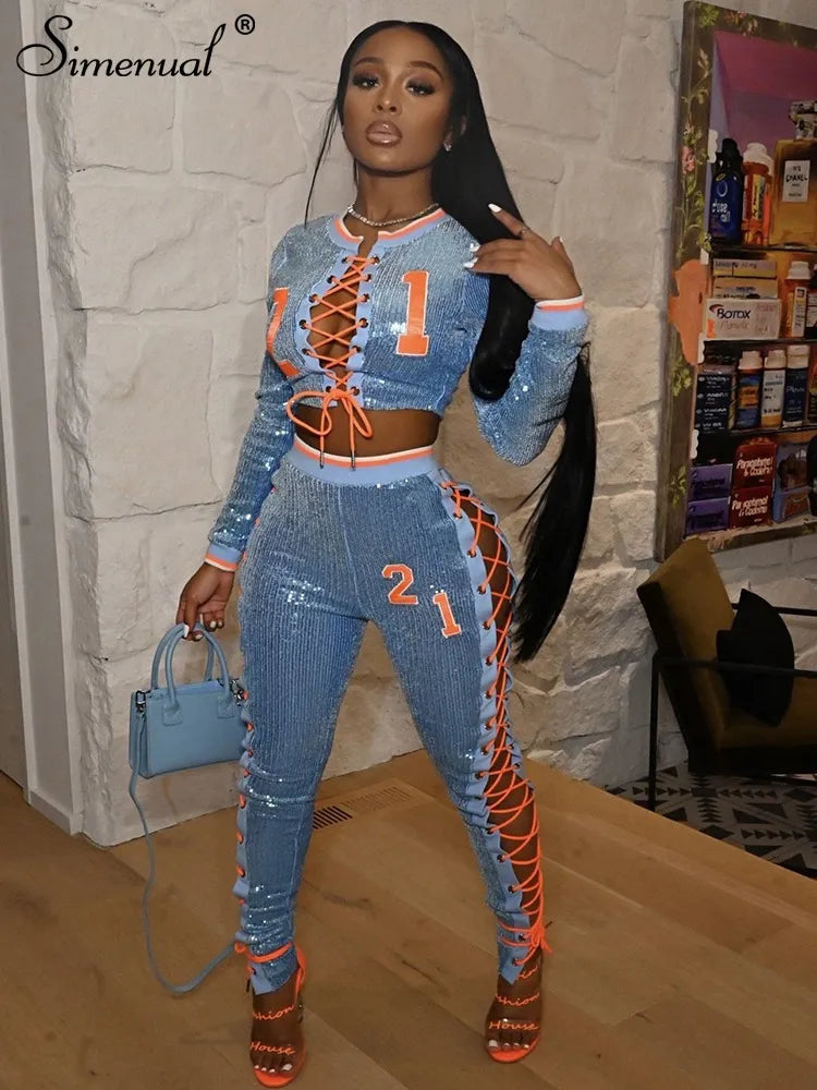 Yipinpay Simenual Digital Embroider Sequie Two Piece Set Women Sexy Bandage Long Sleeve Crop Top Tight Pants Fall Vocation Streetwear Y2k