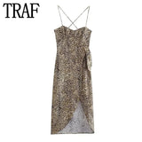 Yipinpay 2023 Leopard Print Corset Dress Woman Knot Slip Long Dress Women Summer Backless Sexy Midi Dresses Elegant Party Dresses