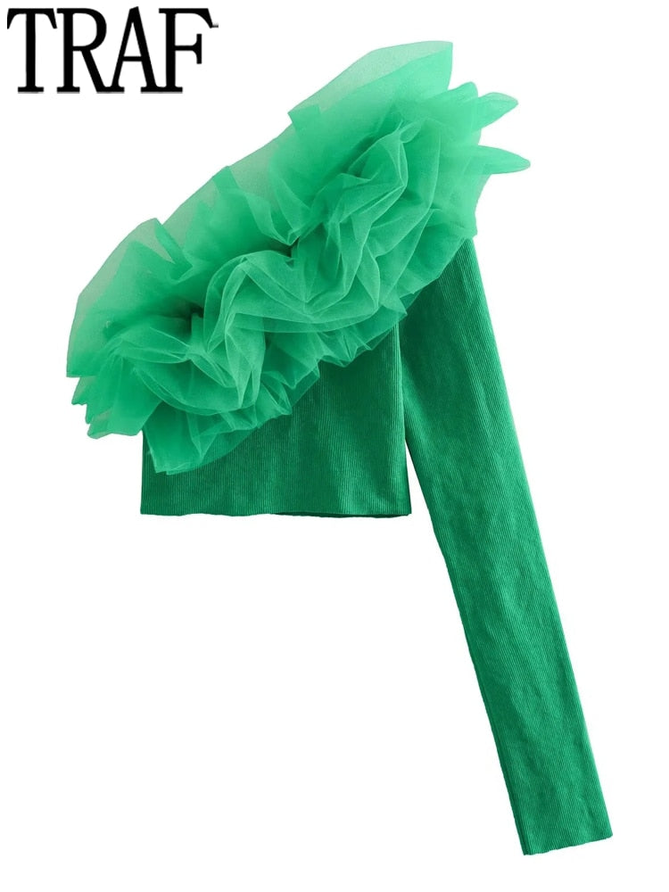 Yipinpay Ruffle Black Crop Top Women Asymmetric Knit Top Female Off Shoulder Long Sleeve Autumn Blouse Woman 2023 Organza Sexy Tops