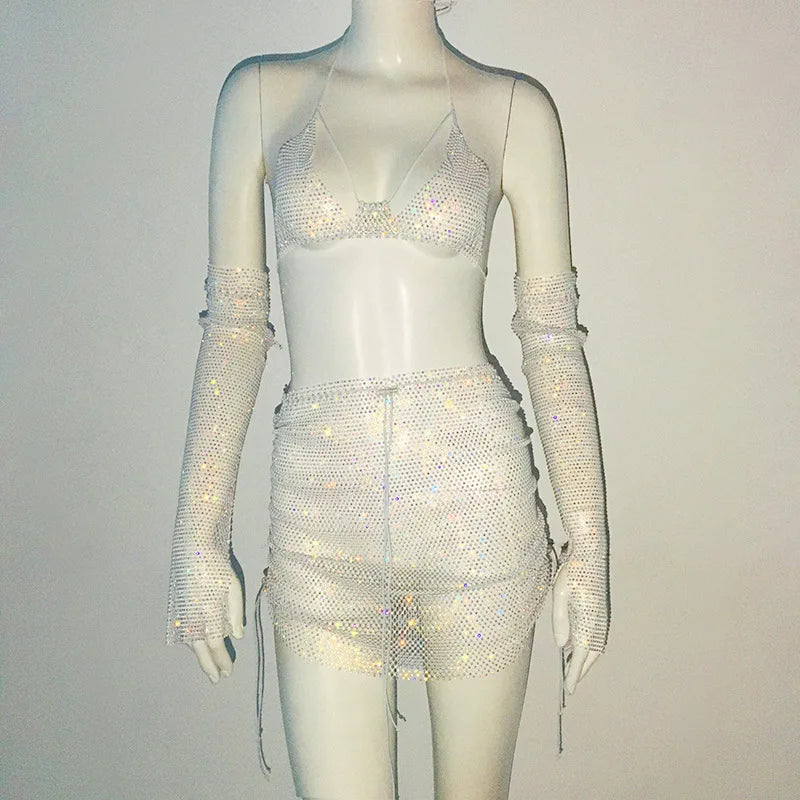 Yipinpay Women's Set Fishnet Rhinestone Dress Halter And Skirt And Arm Cuff Dress Lady's Temperament Elegant Three-Piece Outfits