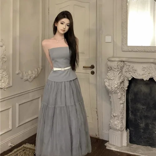 Yipinpay Sexy Hot Girl Suit Women's Autumn/Winter Diamond Buckle Belt Strapless Top High Waist A-line Yarn Long Skirt Two-piece Set
