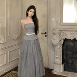 Yipinpay Sexy Hot Girl Suit Women's Autumn/Winter Diamond Buckle Belt Strapless Top High Waist A-line Yarn Long Skirt Two-piece Set