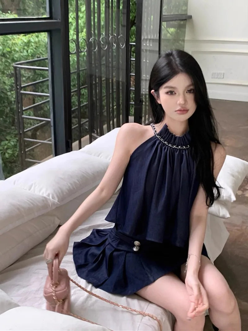 Yipinpay Hot Girl Retro Suit Women's Summer Halter Neck Off Shoulder Tank Top Denim Pleated Skirt Two-piece Set Female Clothes