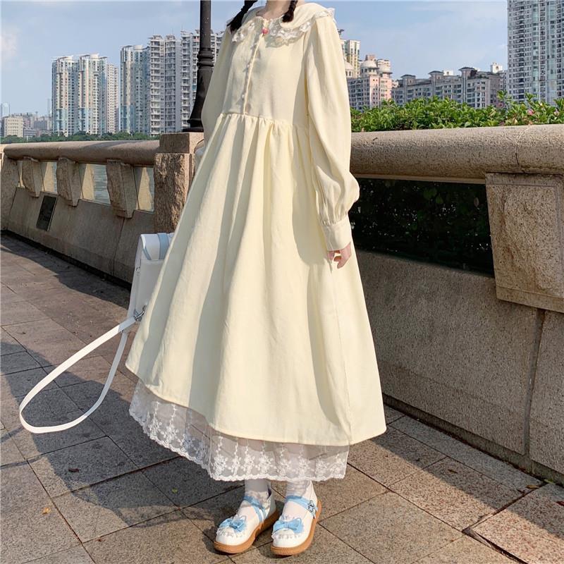 Yipinpay 2023 College Style Sweet Peter Pan Collar Lace Dress Women Cute Japanese Mid-length Spring/Autumn Woman Dress