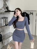 Yipinpay two piece skirt set Plush knit women long sleeve crop top +High waist midi skirts Elegant fall Winter 2023 white purple set