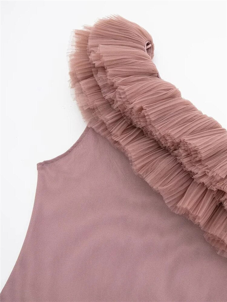 Yipinpay 2023 Pink Mesh Bodysuit Women Ruffle Body Woman Lingerie Sexy Tulle Bodysuit Off The Shoulder Asymmetrical Top Female