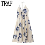 Yipinpay 2023 Print Backless Dress Woman Ruched Halter Long Dress Women Off Shoulder Midi Summer Dresses Sexy Beach Party Dresses