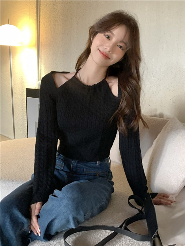 Yipinpay Knitted Sweater Women Korean Fashion Fake Two Pullover Office Lady 2023 Autumn Elegant Long Sleeve Crop Tops Pure Color