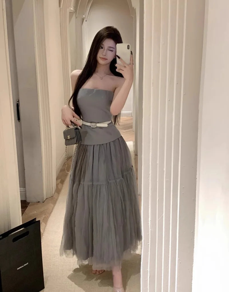 Yipinpay Sexy Hot Girl Suit Women's Autumn/Winter Diamond Buckle Belt Strapless Top High Waist A-line Yarn Long Skirt Two-piece Set