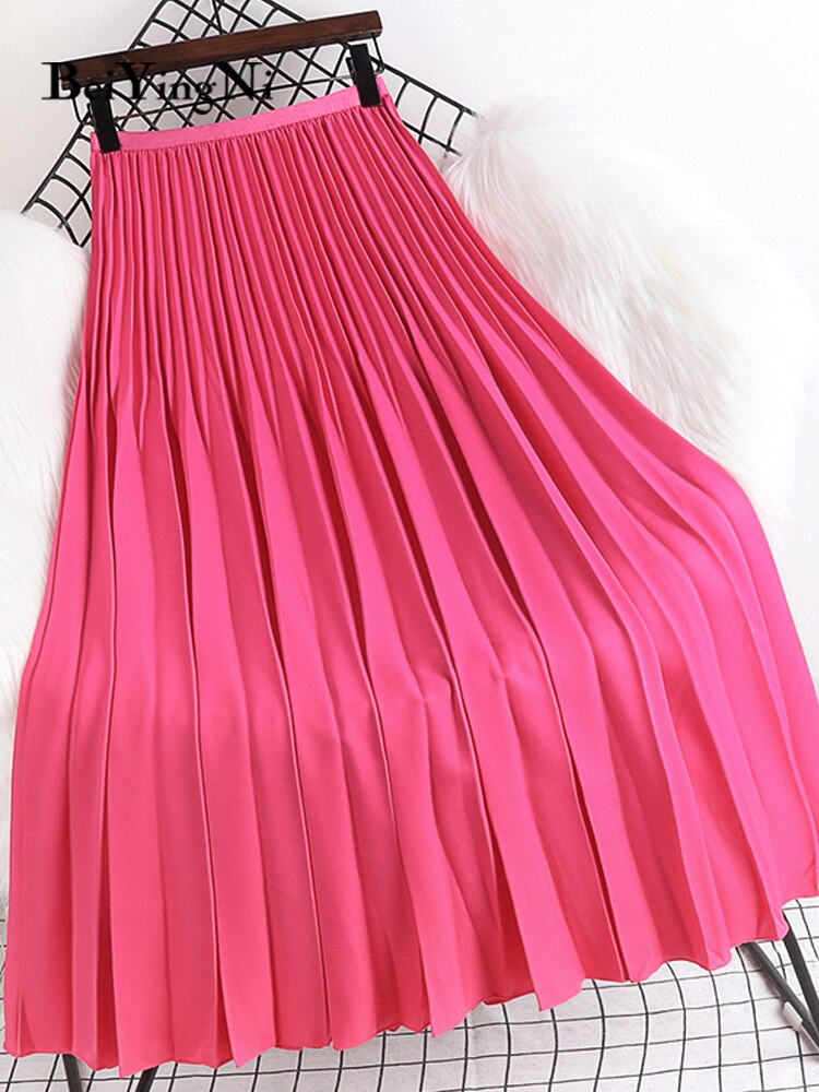 Yipinpay 2023 Spring Autunn Pleated Skirt Women Casual Fashion Elegant Solid Color High Waist Long Midi Skirts Ladies Chic Saia