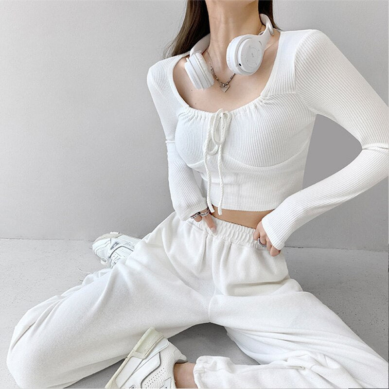 Yipinpay Drawstring Crop Tops Women Spring Autumn New Style Slim Square Neck Long Sleeve T-shirt for Teen Girls Ins Fashion