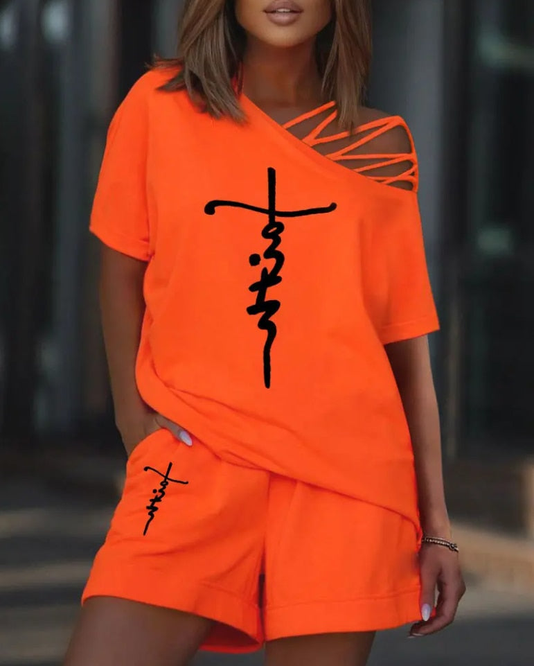 Yipinpay Summer Women 's Leisure Letter Print Cold Shoulder Top & Shorts Set Casual Female Piece Set Fashion Suit