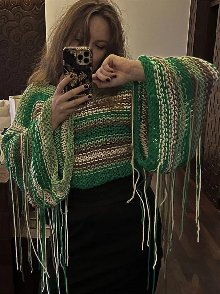 Yipinpay Tassel Contrast Holiday Sweater Pullovers For Women Loose Flared Sleeve Beach Boho Knit Female Cover up Pullover Crop top