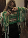Yipinpay Tassel Contrast Holiday Sweater Pullovers For Women Loose Flared Sleeve Beach Boho Knit Female Cover up Pullover Crop top