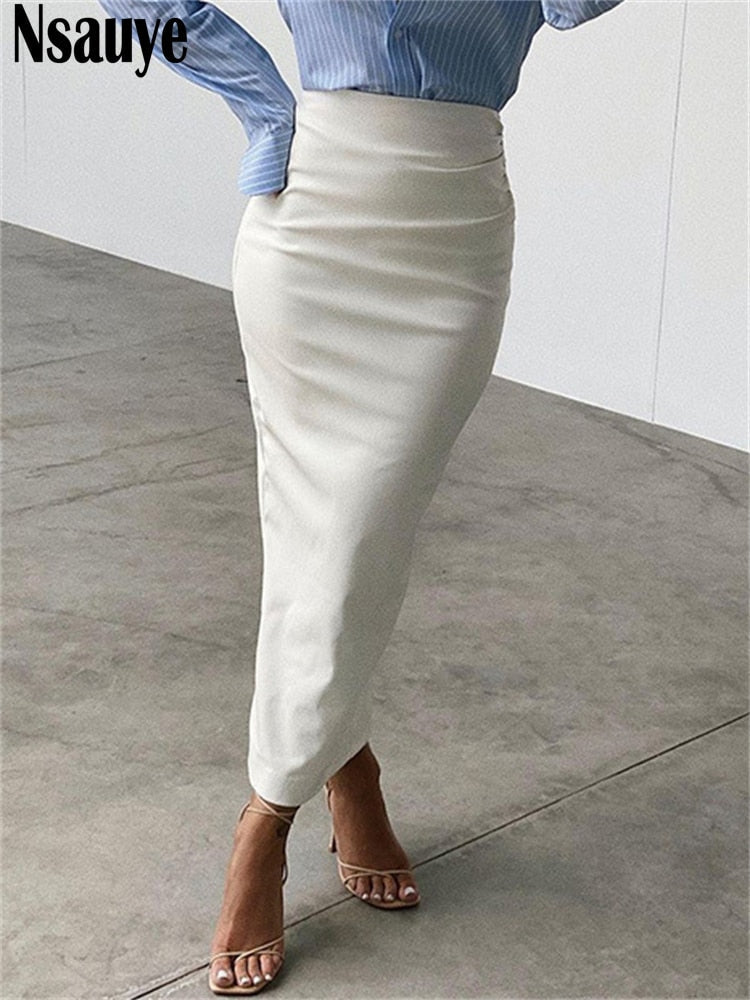 yipinpay 2023 Fashion Women Black White PU Leather Long Skinny Skirt Sexy Club Y2K High Waisted Split Skirt Autumn Winter 2023