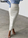 yipinpay 2023 Fashion Women Black White PU Leather Long Skinny Skirt Sexy Club Y2K High Waisted Split Skirt Autumn Winter 2023