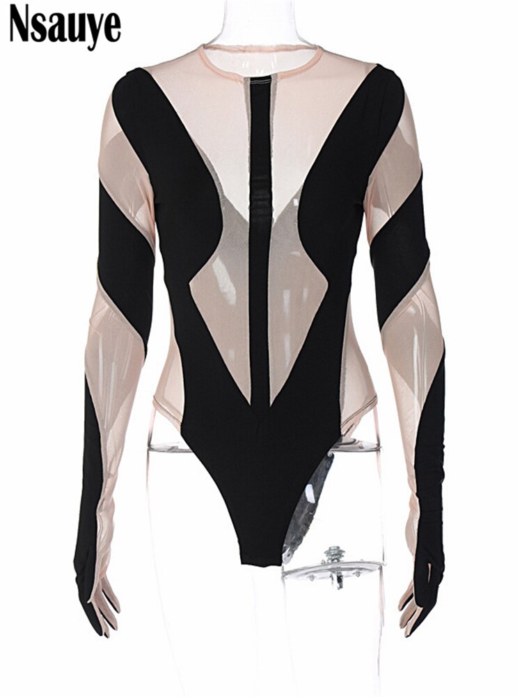 yipinpay 2023 Fashion Club Y2K Sexy Mesh See Through Skinny Bodysuit Long Sleeve One Pieces Body Tops White Rompers Oufits