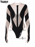 yipinpay 2023 Fashion Club Y2K Sexy Mesh See Through Skinny Bodysuit Long Sleeve One Pieces Body Tops White Rompers Oufits