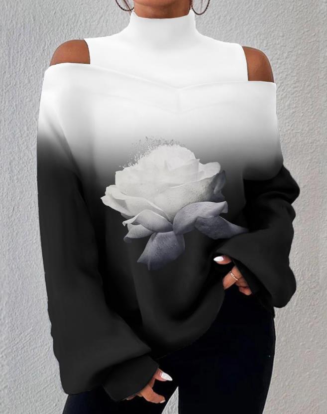 Yipinpay Woman Blouses Shirt Letter Ombre Print Cold Shoulder Lantern Sleeve Pullover Top Autumn Winter New Female Casual