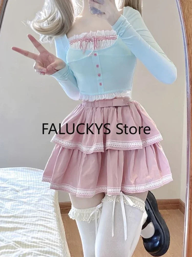 Yipinpay Winter Sweet 2 Piece Set Women Evening Party Slim Elegant Blouse + Office Lady Casual Outwaer Mini Skirt Korean Fashion