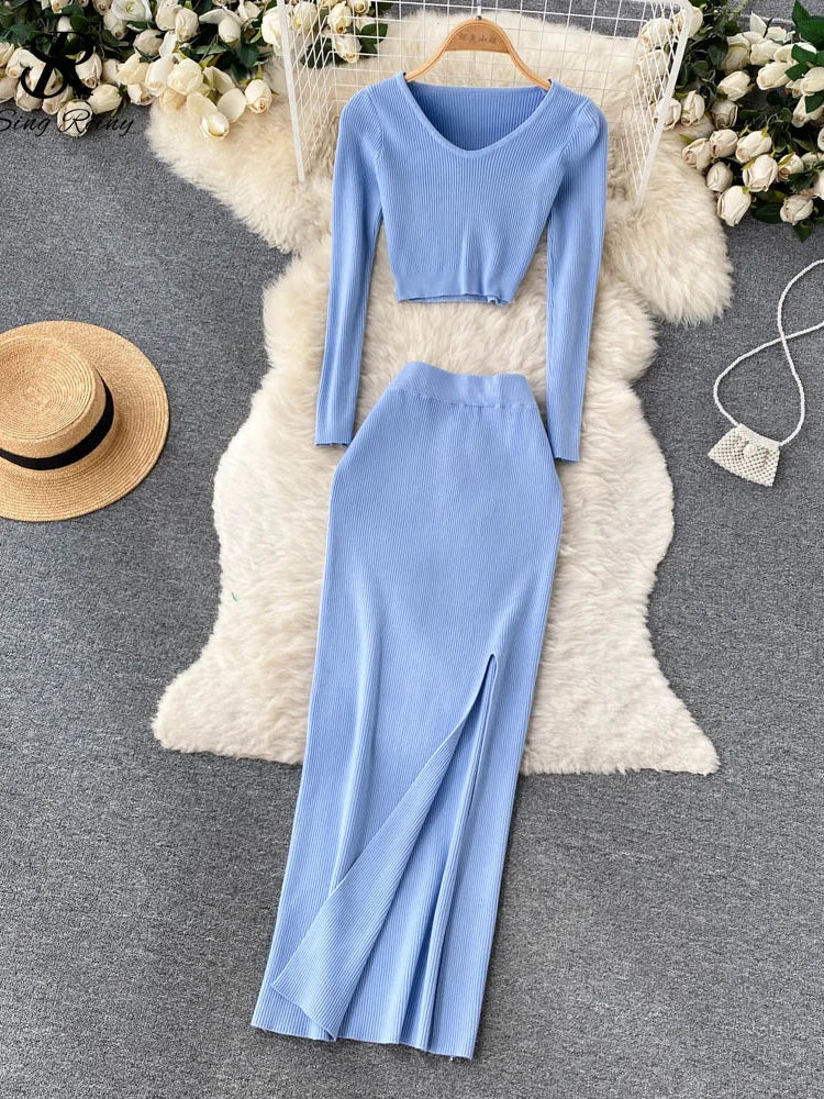 Yipinpay Autumn Sweater Two Pieces Suits Long Sleeves Knit Top+ Elatic Waist Slim Split Long Skirt Sets Women Warm Knitted Suit