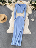 Yipinpay Autumn Sweater Two Pieces Suits Long Sleeves Knit Top+ Elatic Waist Slim Split Long Skirt Sets Women Warm Knitted Suit