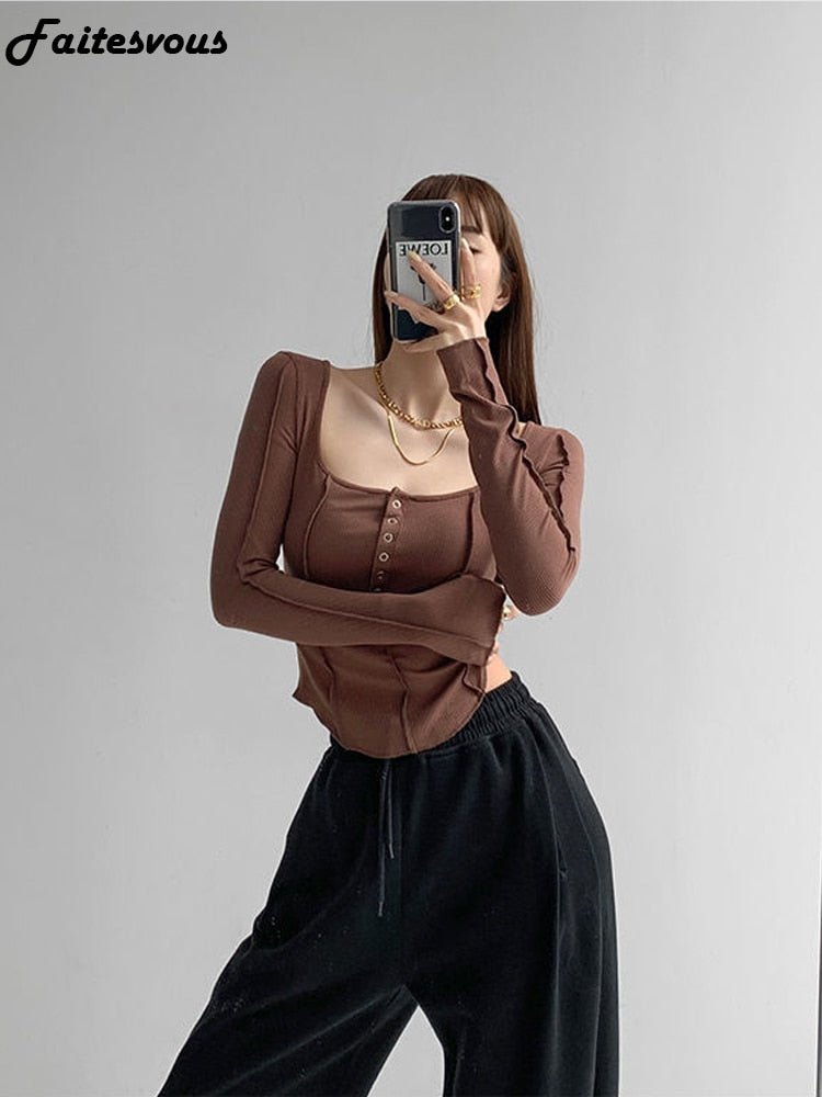 Yipinpay y2k Women T-shirt New Slim Single Breasted Long Sleeve Tees Patchwork Square Neck Cropped Tops Female