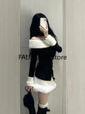 Yipinpay Girl Pure Sexy Suit Women's Autumn/Winter Off Shoulder Halter Neck Long-sleeved Top High Waist Mini Skirt Two-piece Set