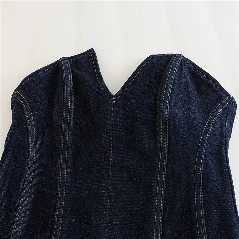 Yipinpay 2023 Denim Corset Top Female Summer Off Shoulder Tops For Women Blue Sleeveless Backless Bustier Top Woman Slit Sexy Tops