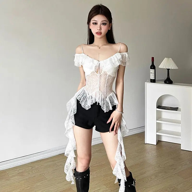 Yipinpay Girl White Lace Spliced Strap Tank Top Women Camisole Summer New Korean Irregular Slimming Ruffle Hollow Out Sexy Tops