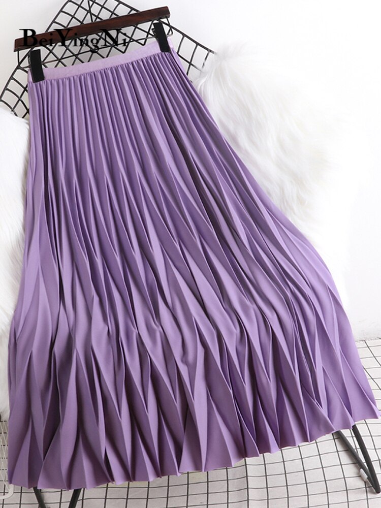yipinpay 2023 Korean Summer Fashion Wave Pleated Long Midi Skirt Women Solid Color Casual Kawaii High Waist Mid-Calf Skirts