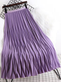 yipinpay 2023 Korean Summer Fashion Wave Pleated Long Midi Skirt Women Solid Color Casual Kawaii High Waist Mid-Calf Skirts