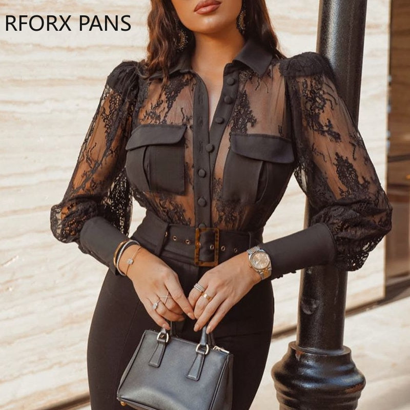 Yipinpay Women Sexy Solid Lace Lantern Sleeves Button and Pocket Deco Black BlousesTops