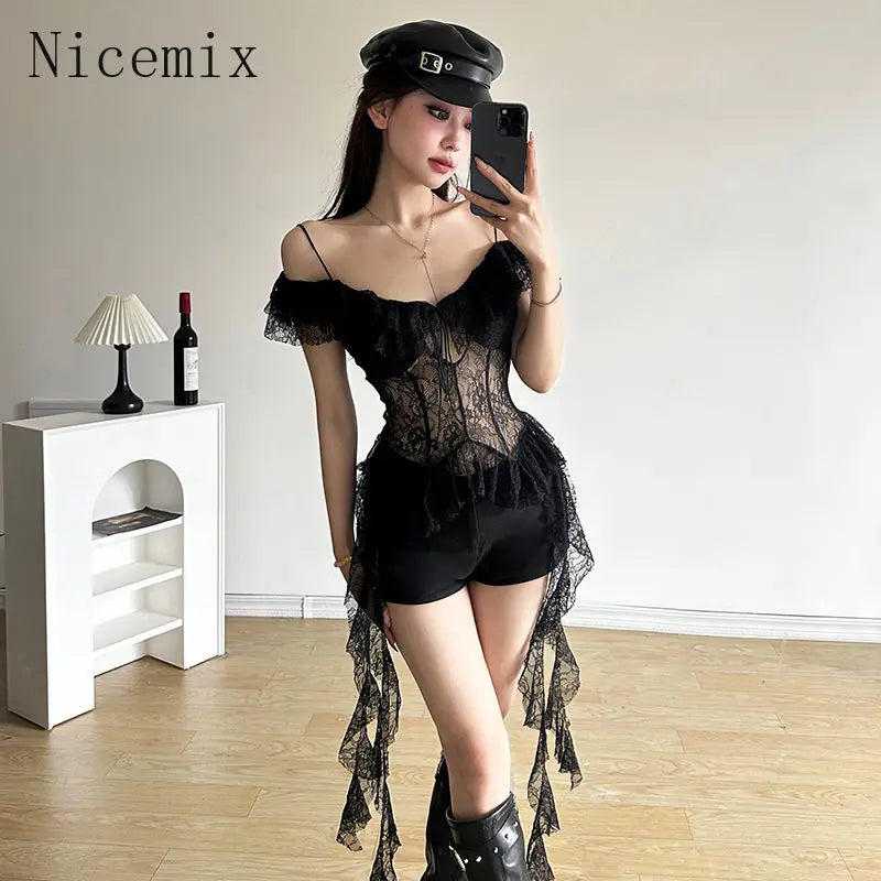 Yipinpay Girl White Lace Spliced Strap Tank Top Women Camisole Summer New Korean Irregular Slimming Ruffle Hollow Out Sexy Tops