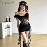 Yipinpay Girl White Lace Spliced Strap Tank Top Women Camisole Summer New Korean Irregular Slimming Ruffle Hollow Out Sexy Tops