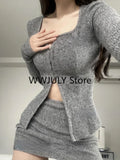 Yipinpay Autumn New Grey Casual Knitted Suits Sexy 2 Piece Skirt Set Woman Elegant Y2k Crop Tops + High Waist Slim Mini Skirt Korean