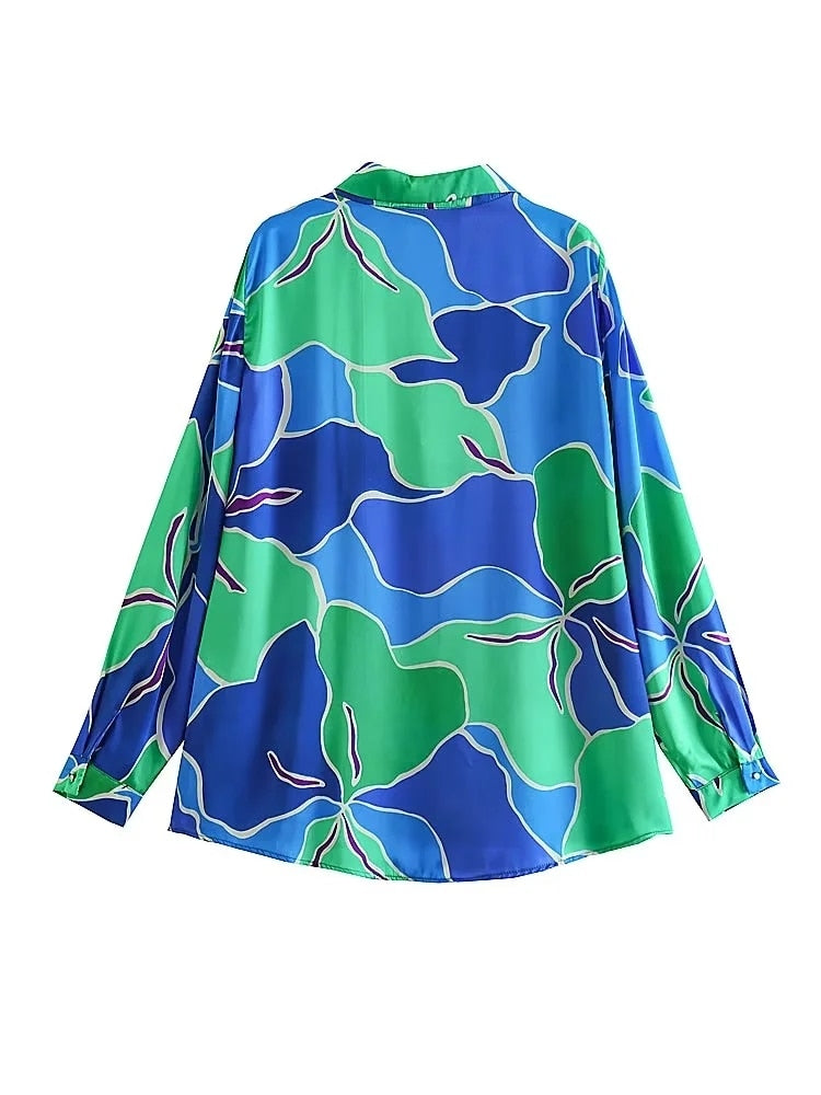 Yipinpay 2023 Pink Print Satin Shirt Woman Vintage Button Up Shirt Women Long Sleeve Top Female Casual Loose Blouses Hawaiian Shirt