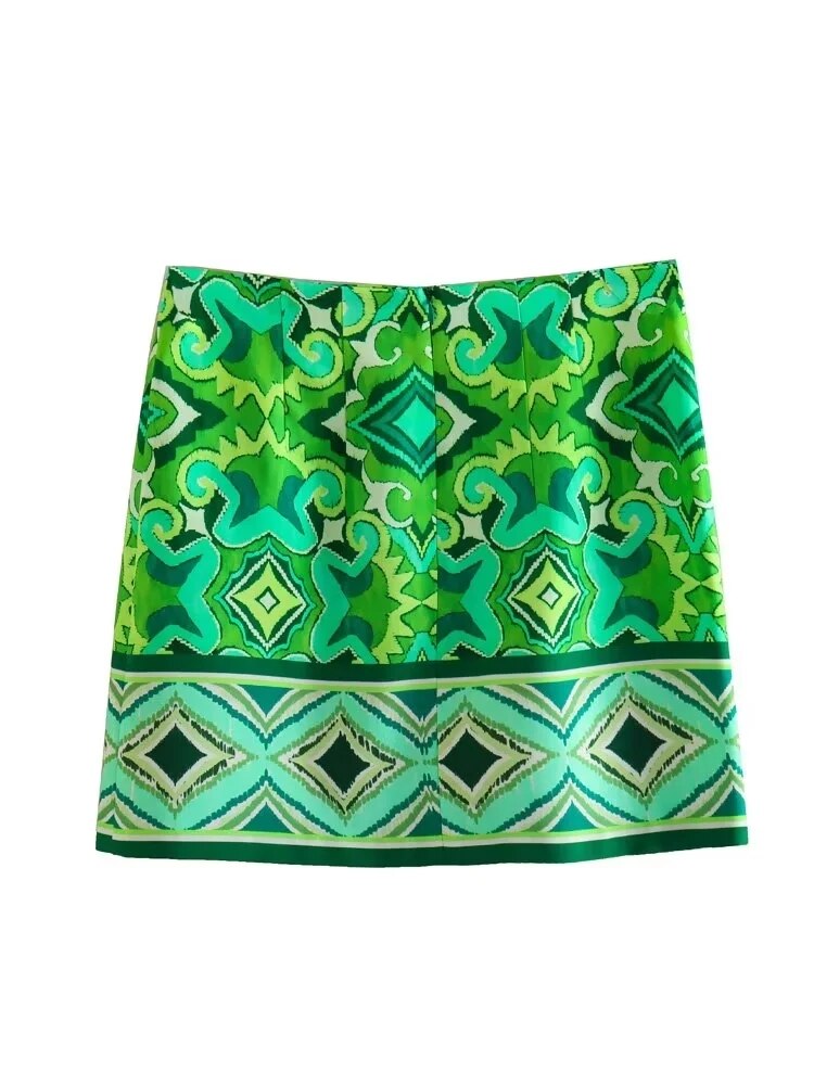Yipinpay 2023 Green Mini Skirts For Women High Waist Skirt Woman Vintage Print Short Skirts Woman Fashion Boho Summer Beach Skirt