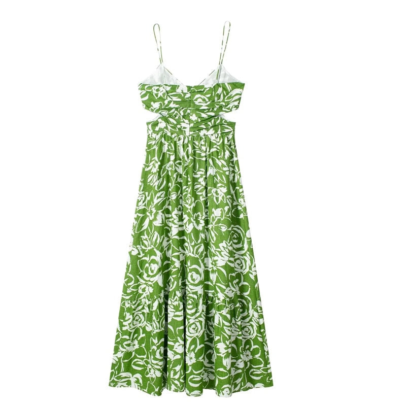 Yipinpay 2023 Cut Out Slip Long Dress Women Summer Green Floral Dress Woman Pleated Backless Sexy Party Dresses Beach Holiday Dress
