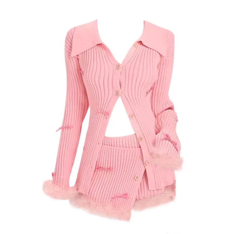 Yipinpay Autumn Pink Knitted Suit Woman Kawaii Elegant Set Korea Fashion Clothing Woman Casual Sweater + Slim Bodycon Y2k Mini Skirt