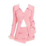 Yipinpay Autumn Pink Knitted Suit Woman Kawaii Elegant Set Korea Fashion Clothing Woman Casual Sweater + Slim Bodycon Y2k Mini Skirt