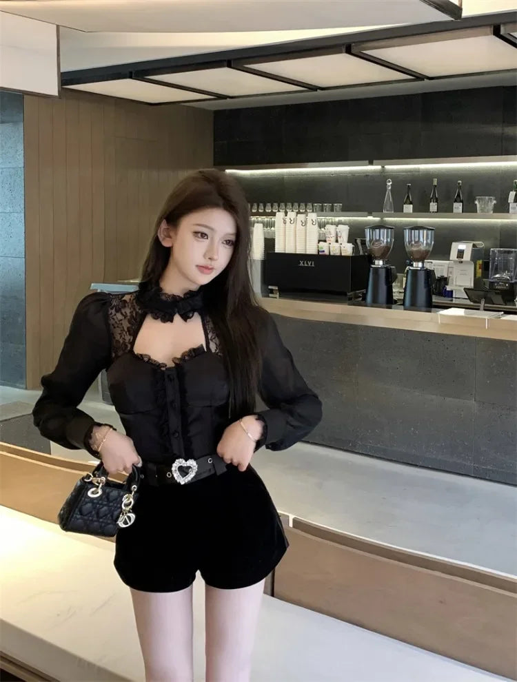 Yipinpay Shirts Women Lace Patchwork Hollow Out Long Sleeve Winter Fashion Slim Crop Tops Female Blouse French Style Chic