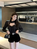 Yipinpay Shirts Women Lace Patchwork Hollow Out Long Sleeve Winter Fashion Slim Crop Tops Female Blouse French Style Chic