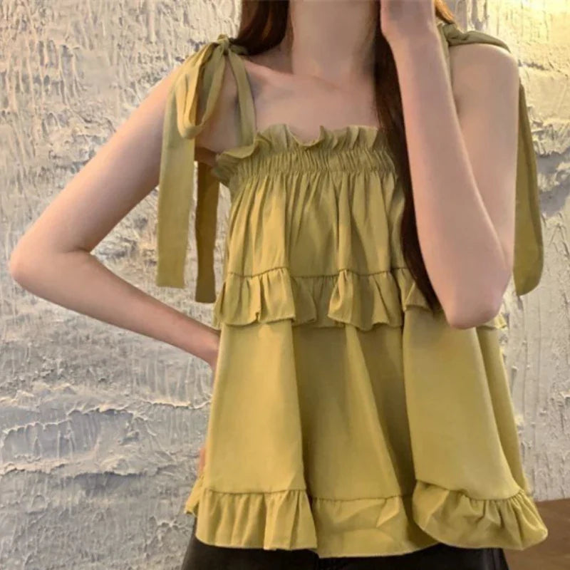 Yipinpay Summer Kawail Sleeveless Shirt Women Evening Party Slim Sweet Blouse Office Lady Causal Outwaer Elegant Top Korean Fashion