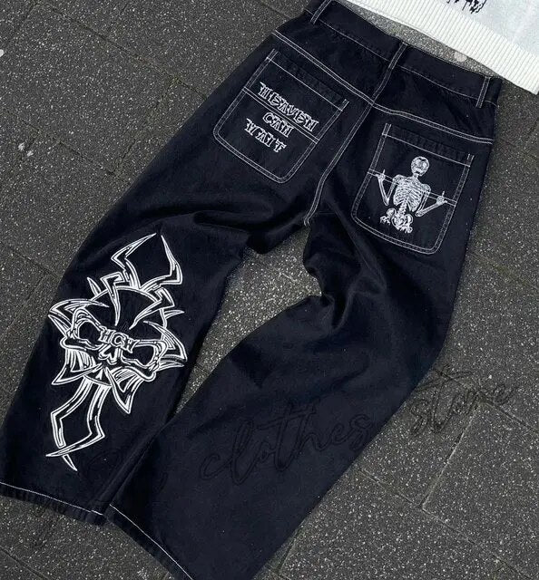 Yipinpay Jeans Harajuku Hip Hop Gothic Embroidery Oversized Baggy Jeans Men Street Fashion Hot Pants Unisex Casual Joker Jeans Men 0407